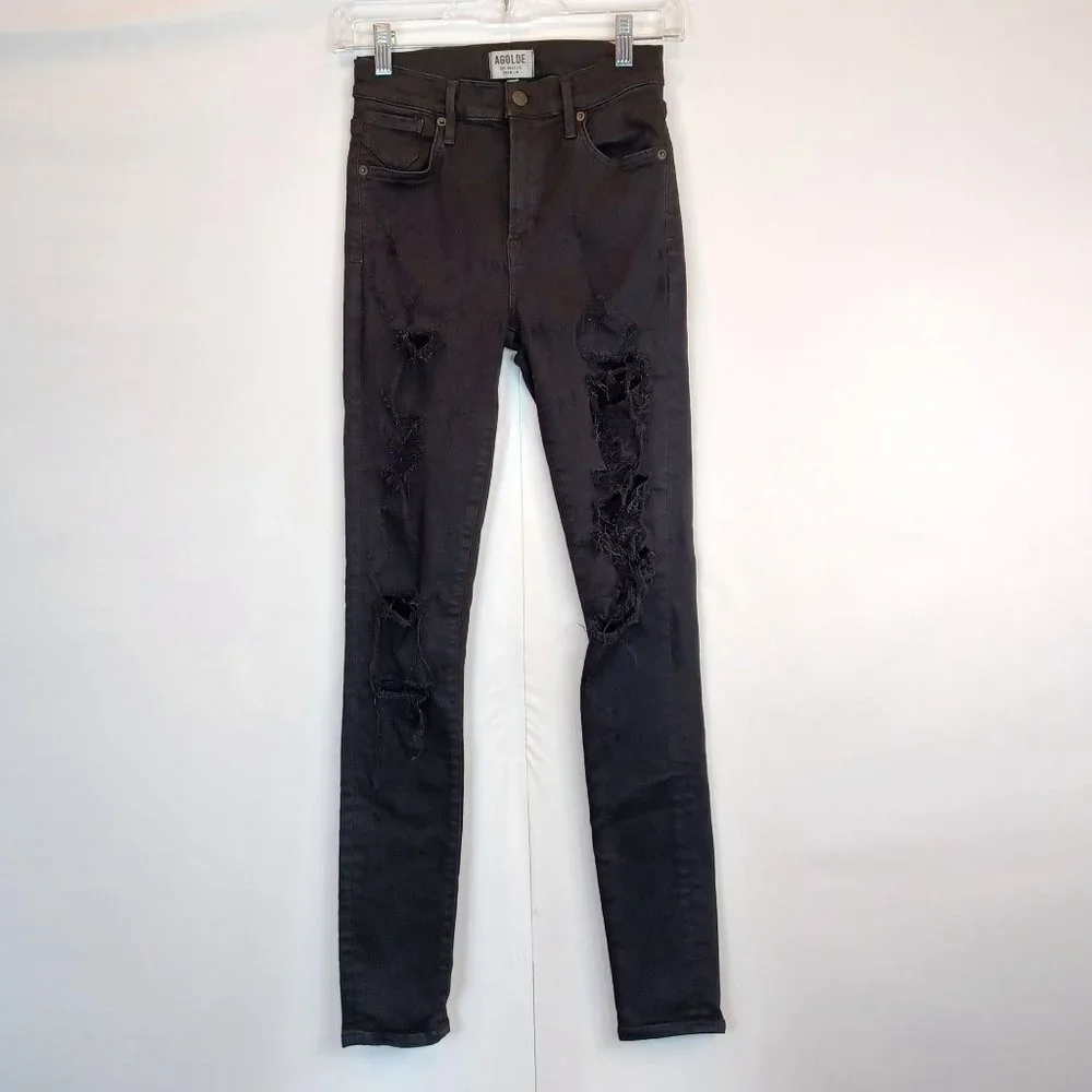 AGOLDE Women's Black Ripped Skinny Leg Stretch High Rise Denim Jean Destroyed 25 - Picture 5 of 12